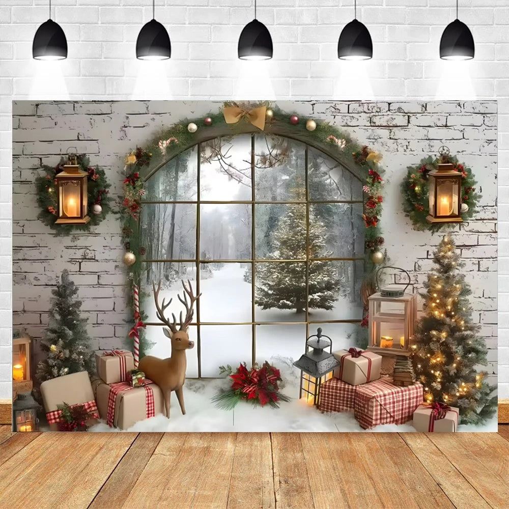 Christmas Photography Backdrop Xmas Tree Gift Toy Window Wood Door Kids Portrait Family Party Photo Background Decor Photostudio
