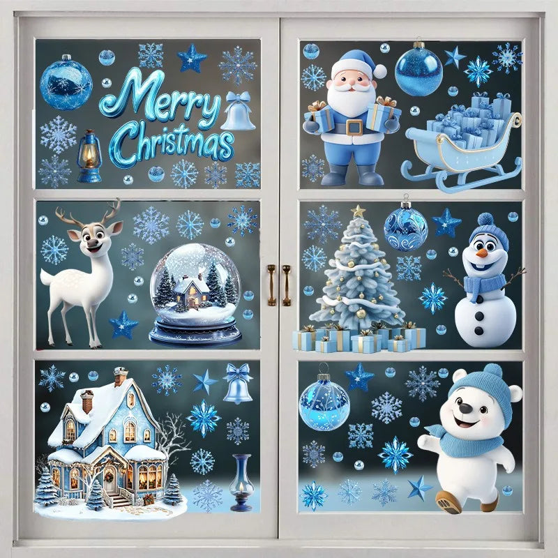 Blue White Christmas Elk Window Sticker Cartoon Elk Snowflake Bell Glass Sticker Merry Christmas Decor 2025 Happy New Year 2026