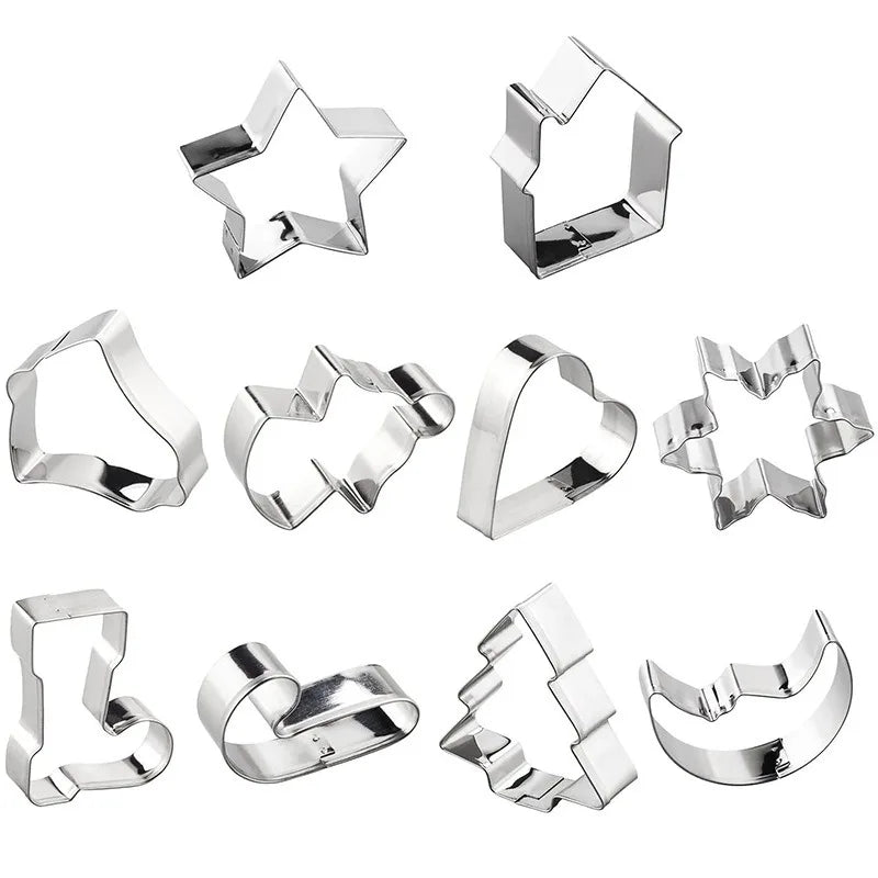 JUSTINLAU 10pcs Christmas Cookie Cutter Set Stainless Steel Gingerbread Xmas Tree Fondant DIY Baking Mold for Holiday Party Gift