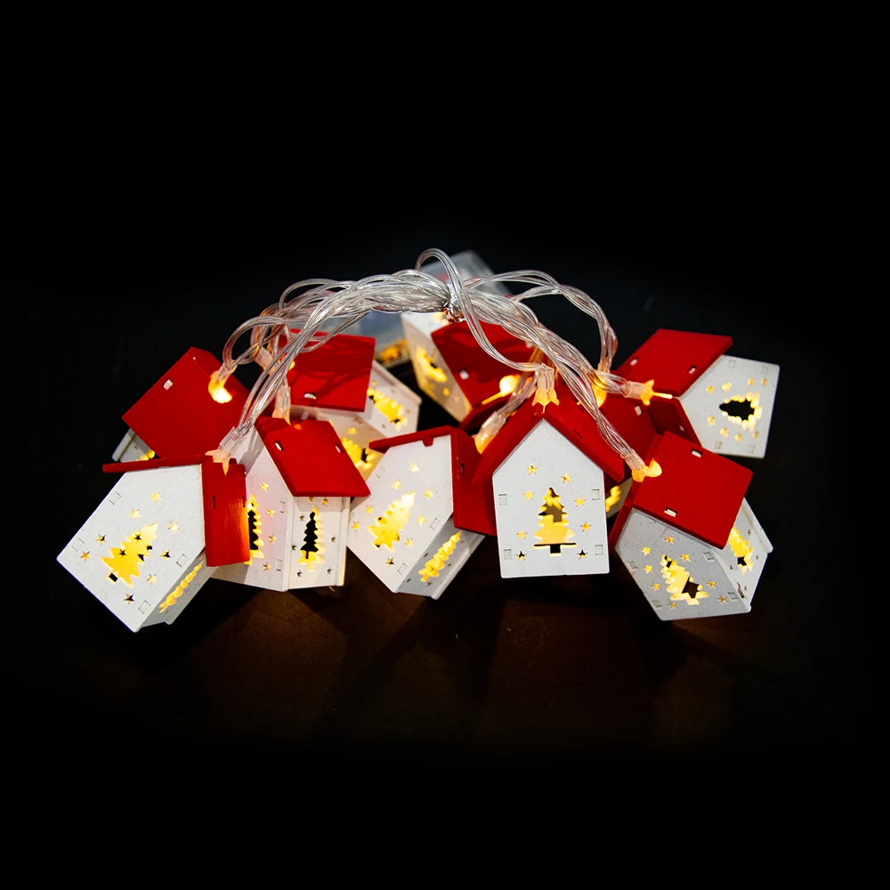 Wooden House Shaped Christmas LED String Lights Xmas Tree Hanging Lights Wood House LED Fairy Lamp for Christmas Home Noel 2024