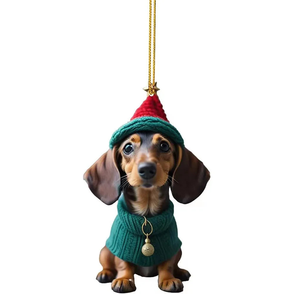 Christmas Hanging Dog Decor Acrylic Dog Figurines Decor Funny Puppy Pendant Xmas Tree Backpack Car Interior Decor