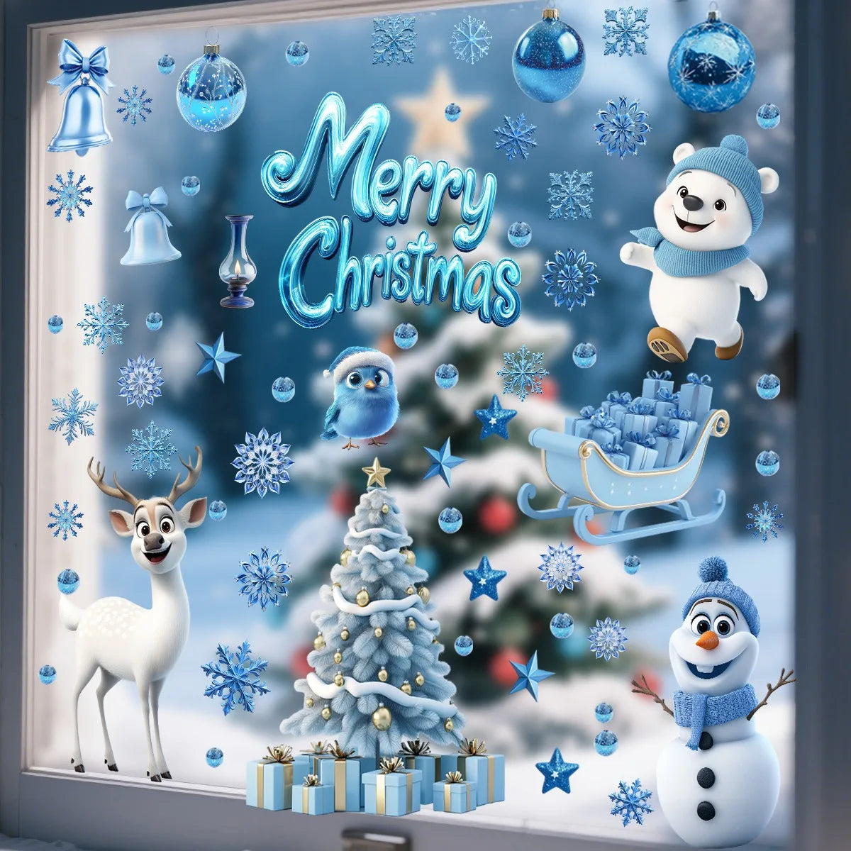 Blue White Christmas Elk Window Sticker Cartoon Elk Snowflake Bell Glass Sticker Merry Christmas Decor 2025 Happy New Year 2026