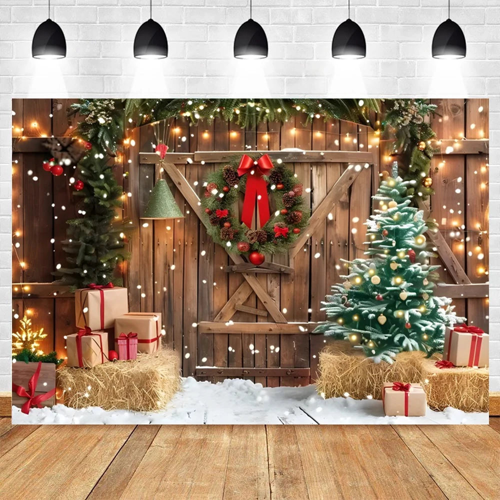 Christmas Photography Backdrop Xmas Tree Gift Toy Window Wood Door Kids Portrait Family Party Photo Background Decor Photostudio