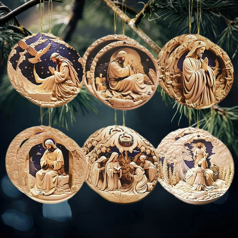 Rustic Nativity Scene Ornaments Set Wooden Christmas Decorations Mini Round Signs for Holiday Home Décor and Gifts