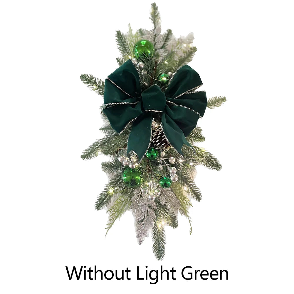 LED Artificial Garland Stair Wreath Prelit Christmas Wreath Garland Pine/Bow Light Up Cordless for Front Door Wall Window Stair
