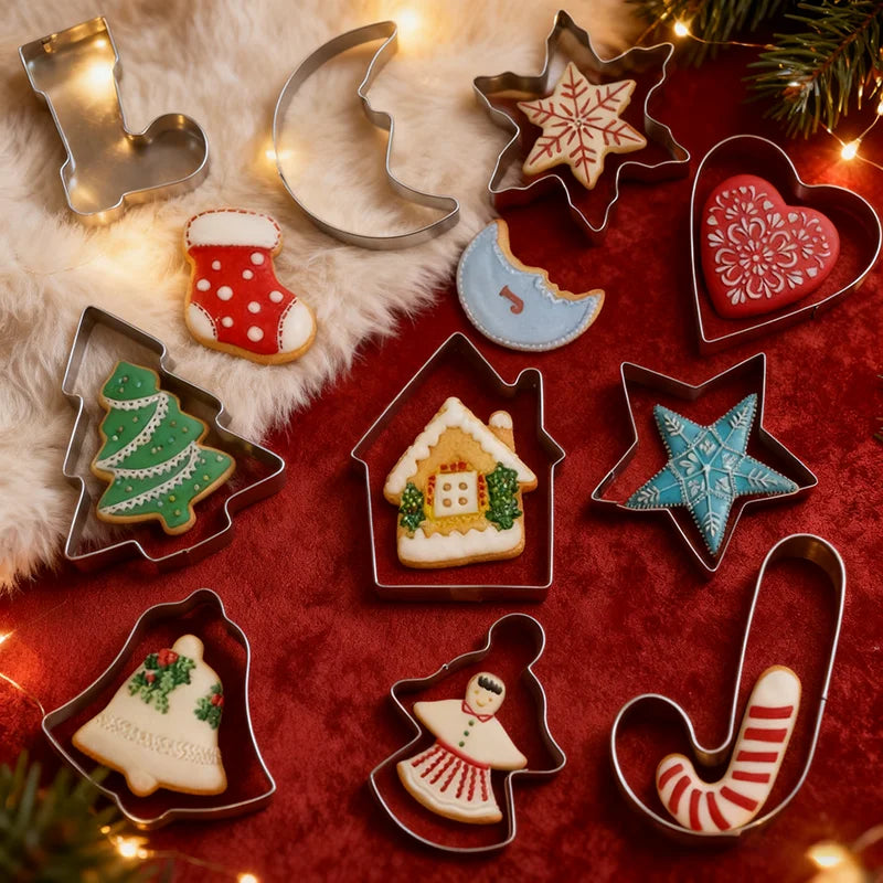 JUSTINLAU 10pcs Christmas Cookie Cutter Set Stainless Steel Gingerbread Xmas Tree Fondant DIY Baking Mold for Holiday Party Gift