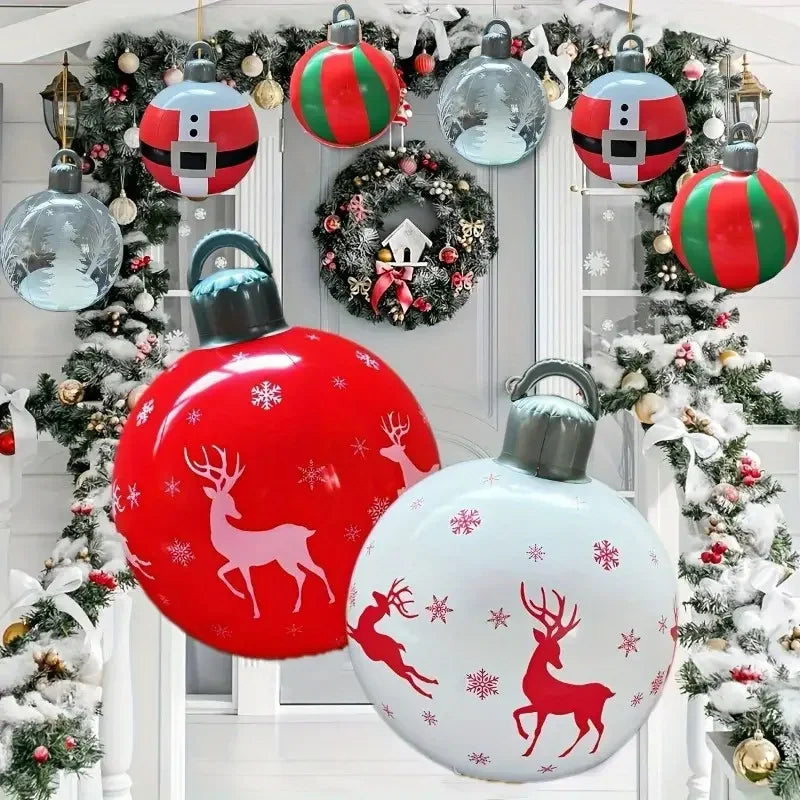 3Pcs Inflatable Christmas Balls (2 Christmas Balls and One Pump) with Portable Handle, Waterproof - Durable Pvc Material, Christmas Red and Green Colors, Featuring Snowman, Reindeer, Christmas Tree and Santa Claus Designs - P