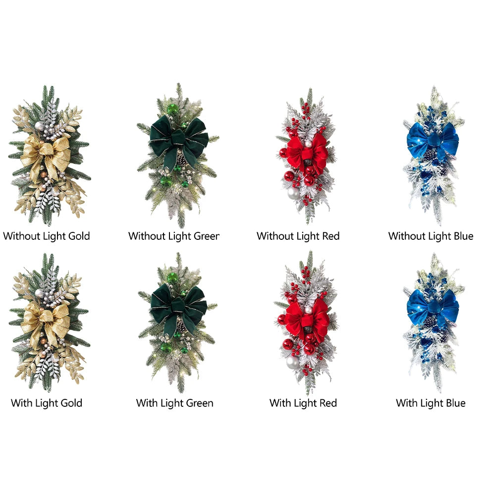 LED Artificial Garland Stair Wreath Prelit Christmas Wreath Garland Pine/Bow Light Up Cordless for Front Door Wall Window Stair