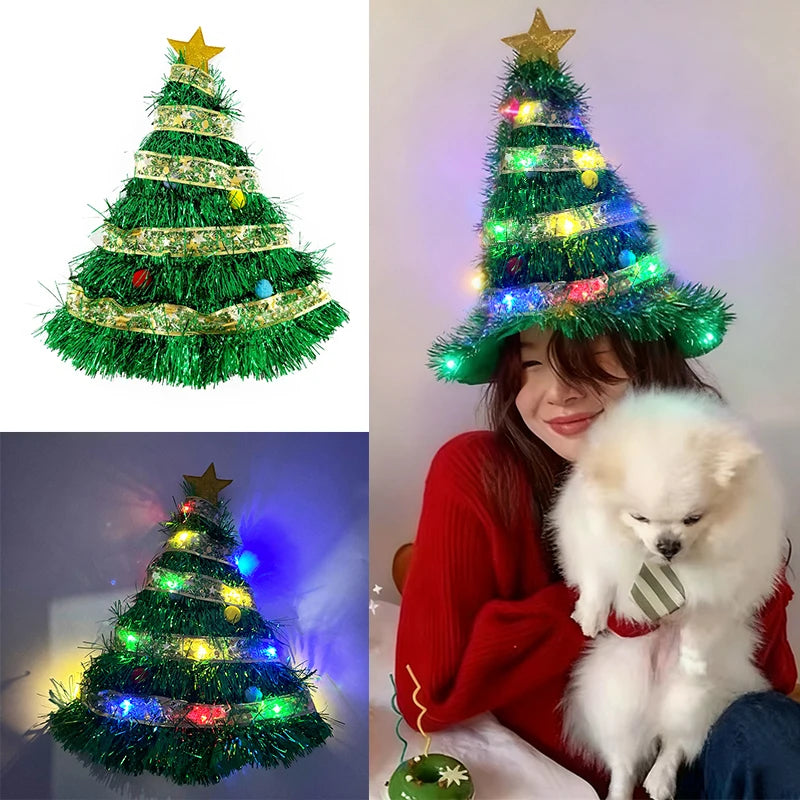 LED light up Christmas Tree ribbon Hats Cute Funny Santa Hat luminous Fancy Dress up cap for  Xmas party Gift Photo Props