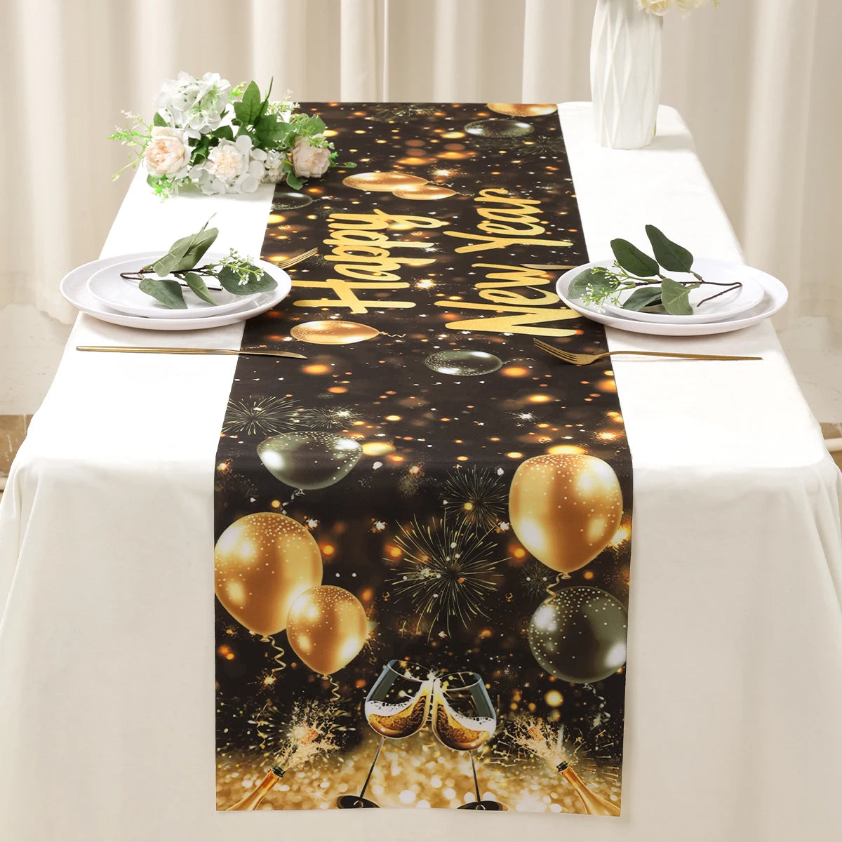 New Year Table Runner Black Gold Glitter New Years Eve Table Cover 2026 Happy New Year Party Table Decorations for Home Party