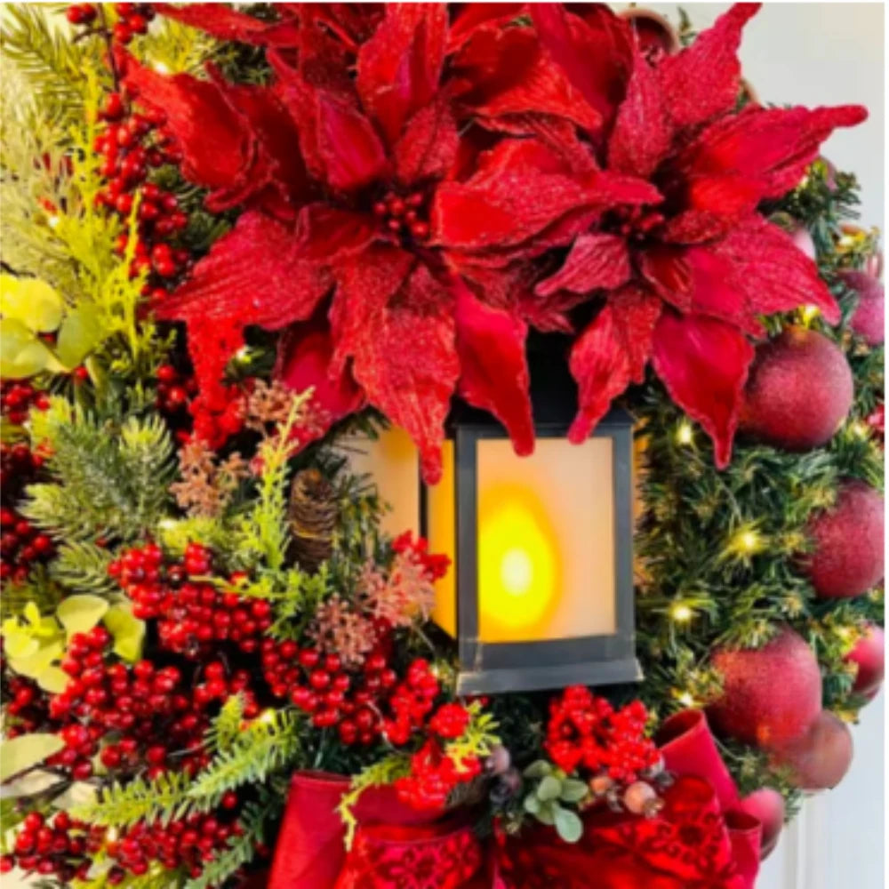 Christmas Decoration Golden Wreath With Lamp For Front Door Red Ball Flower Garland Xmas Ornament Window Wall Hanging Decor