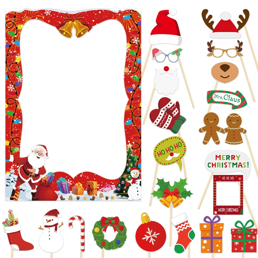 Christmas Photo Booth Props Kit Santa Claus Snowman Photo Props With Photo Booth Frame Selfie Props Christmas Party Decorations