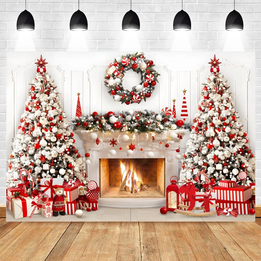 Christmas Photography Backdrop Xmas Tree Gift Toy Window Wood Door Kids Portrait Family Party Photo Background Decor Photostudio