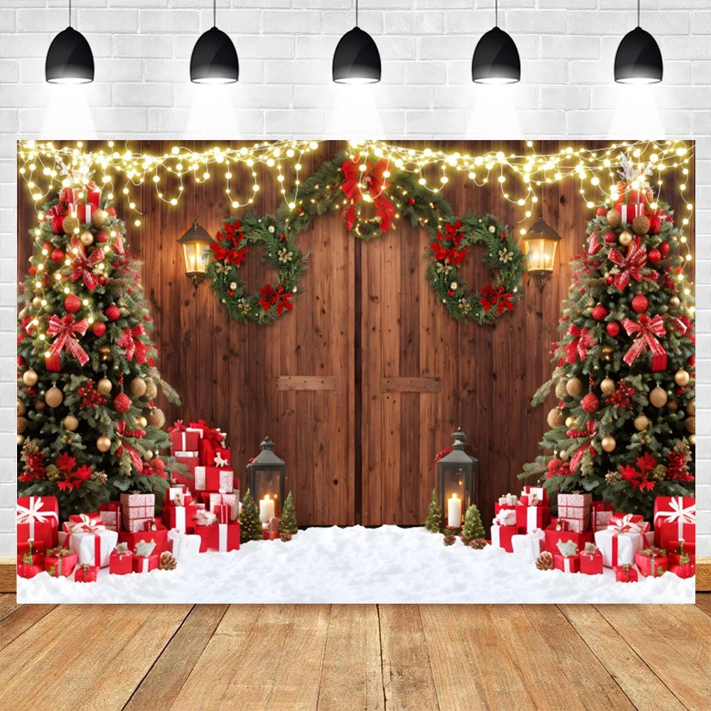 Christmas Photography Backdrop Xmas Tree Gift Toy Window Wood Door Kids Portrait Family Party Photo Background Decor Photostudio