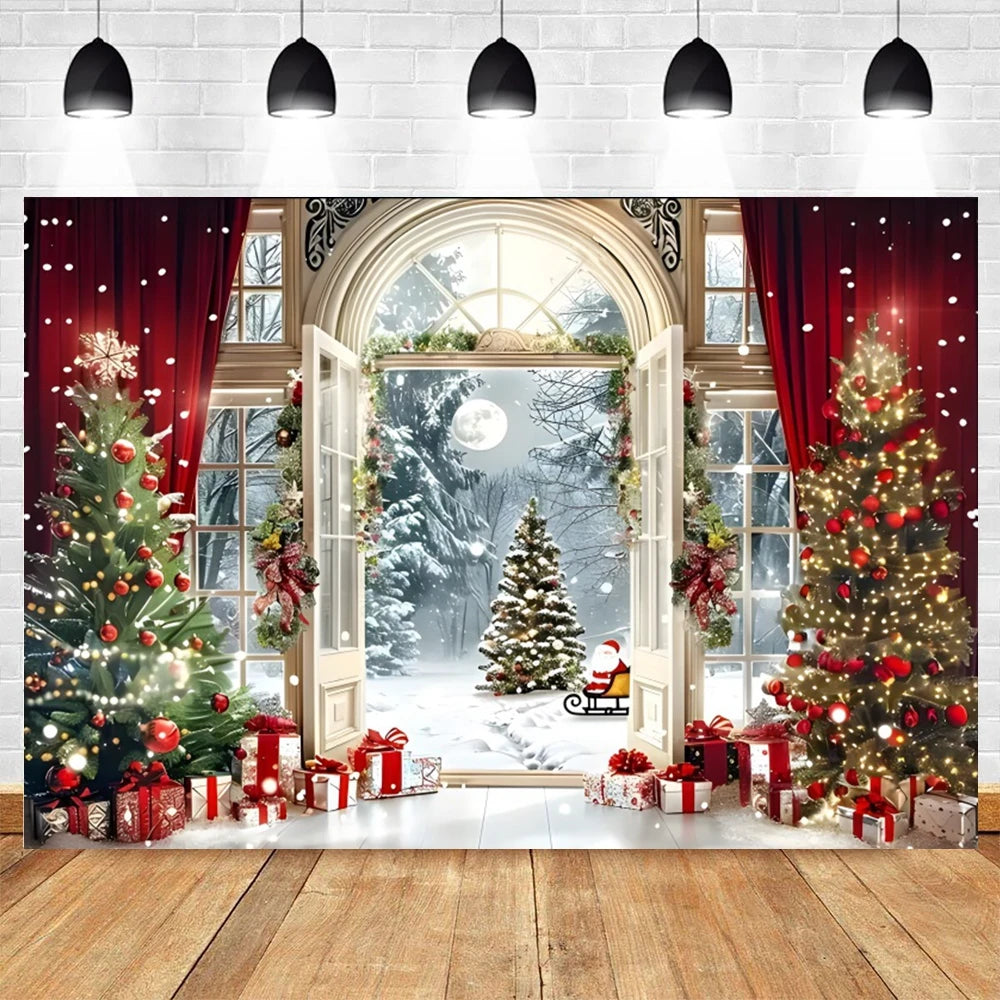 Christmas Photography Backdrop Xmas Tree Gift Toy Window Wood Door Kids Portrait Family Party Photo Background Decor Photostudio