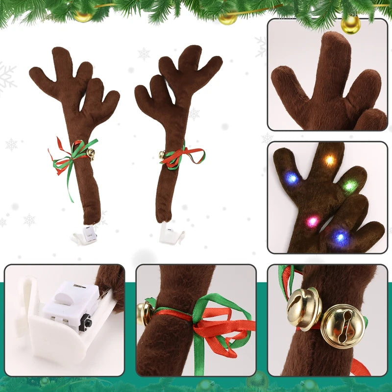 Car Reindeer Antlers,Antlers Car Kit With LED Lights,Reindeer Car Kit Antlers,Nose,Tail,Christmas Decorations For Car
