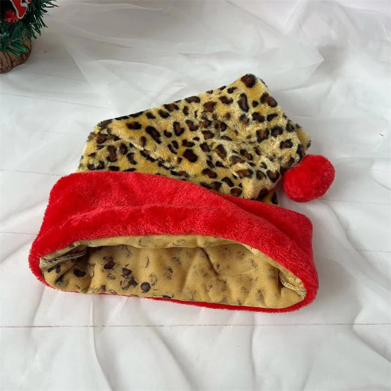 Leopard print with red border Christmas Xmas Cap Gifts New Year Festival Holiday Party Supplies Props