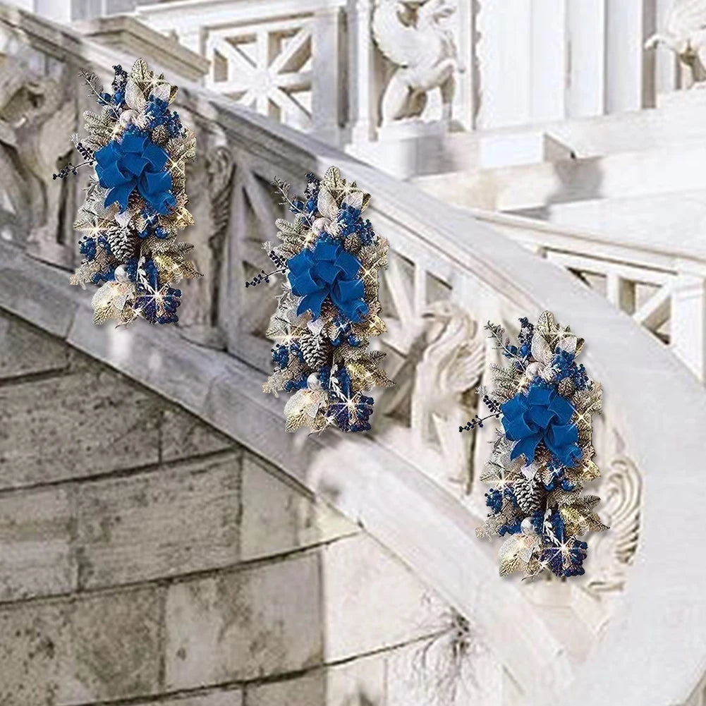 LED Artificial Garland Stair Wreath Prelit Christmas Wreath Garland Pine/Bow Light Up Cordless for Front Door Wall Window Stair