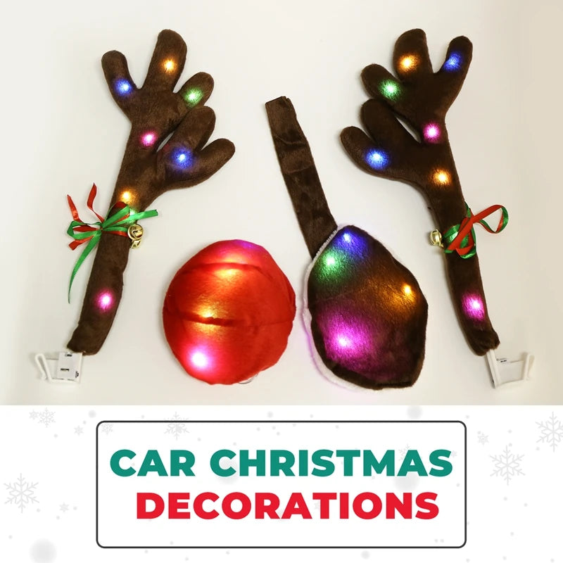 Car Reindeer Antlers,Antlers Car Kit With LED Lights,Reindeer Car Kit Antlers,Nose,Tail,Christmas Decorations For Car