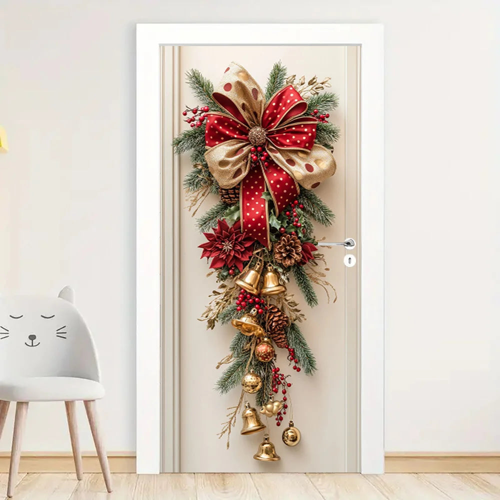 1 Christmas wall decoration - hanging decoration with red bells and green leaves - holiday room decoration, holiday design