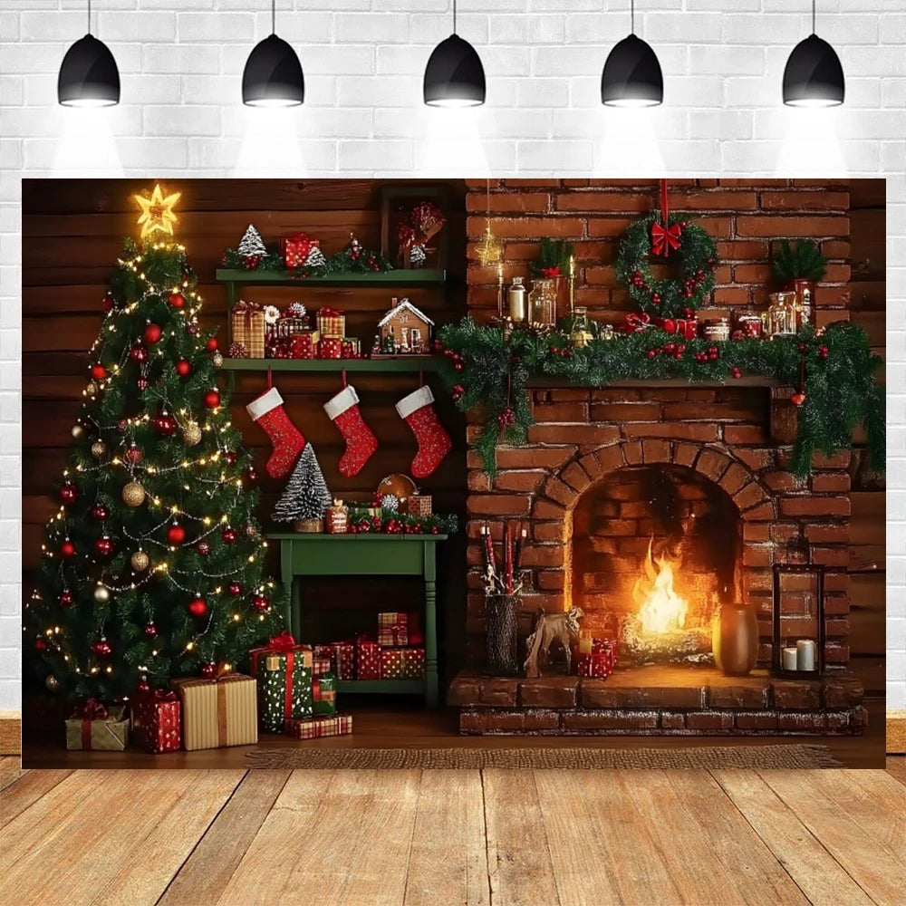 Christmas Photography Backdrop Xmas Tree Gift Toy Window Wood Door Kids Portrait Family Party Photo Background Decor Photostudio