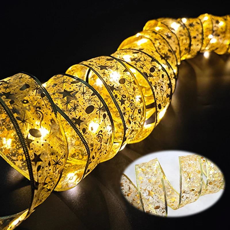 1-10M Christmas luminous lights decoration golden Ribbon Fairy String Lights for Home Party Christmas tree supplies decor