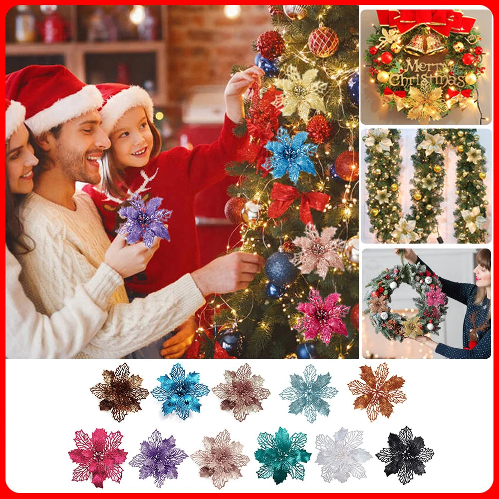 9cm Glitter Artifical Christmas Flowers Christmas Tree Wreath Decorations Fake Flowers Xmas Garland Ornaments New Year 2024