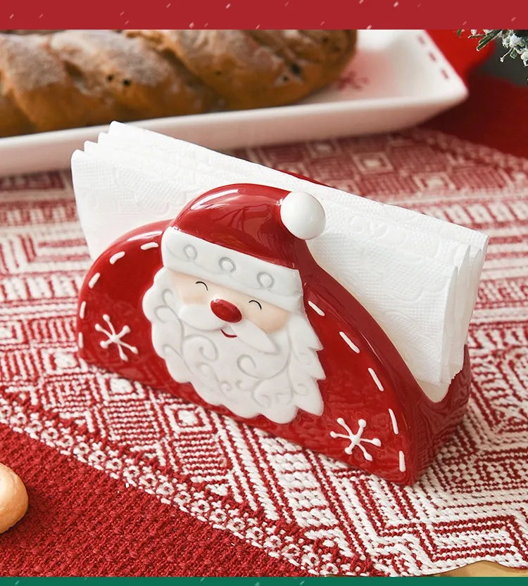 JUSTINLAU Santa Claus Napkin Holder Nordic Style Creative Ceramic Relief Christmas Tissue Holder Home Decoration for Xmas Gift