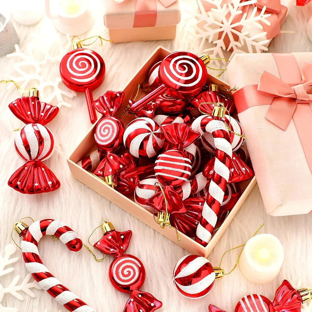 Christmas Candy Ornament Set Xmas Tree Decor Hanging Red Christmas Party Lollipop Candy Cane Pendant Decorations New Year Gift