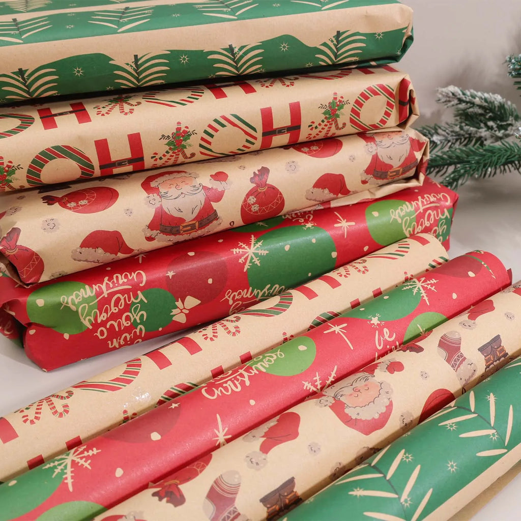 Christmas Kraft Wrapping Paper Cartoon Xmas Tree Santa Claus Gifts Packaging Paper DIY Craft Home Party Decoration Background
