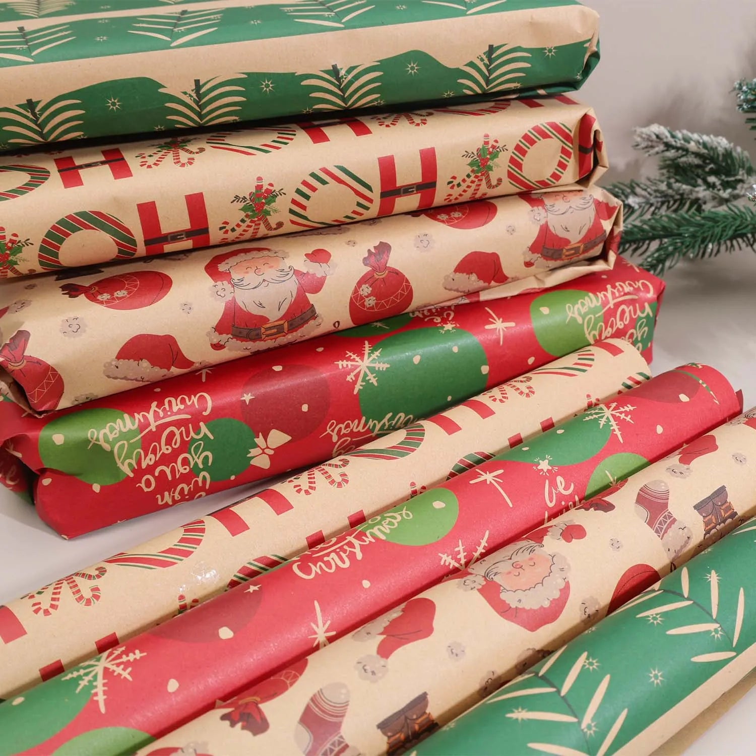 Christmas Kraft Wrapping Paper Cartoon Xmas Tree Santa Claus Gifts Packaging Paper DIY Craft Home Party Decoration Background