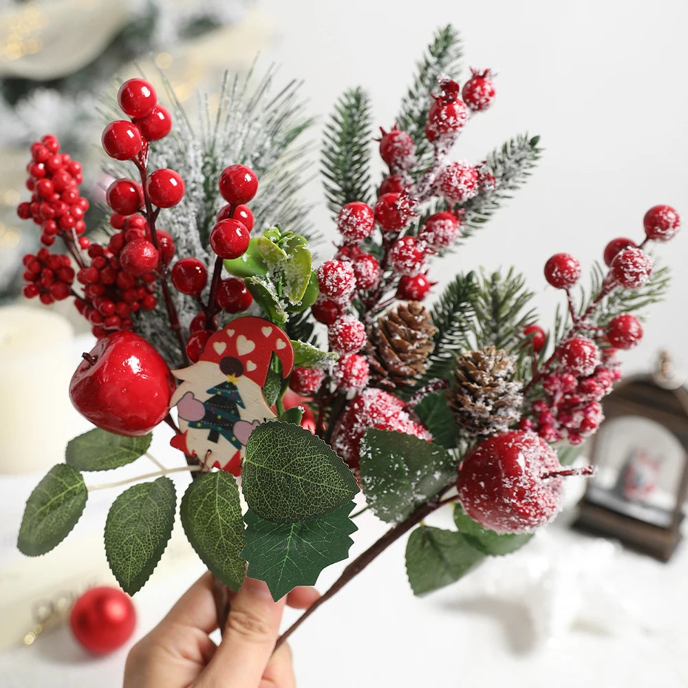 Christmas Decorations Red Berry Artificial Pine Bouquet Branch Xmas Tree Ornament Home Decor New Year 2025 DIY Gifts Accessories