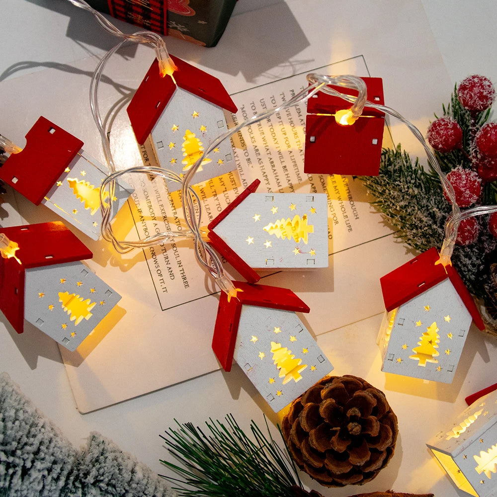 Wooden House Shaped Christmas LED String Lights Xmas Tree Hanging Lights Wood House LED Fairy Lamp for Christmas Home Noel 2024