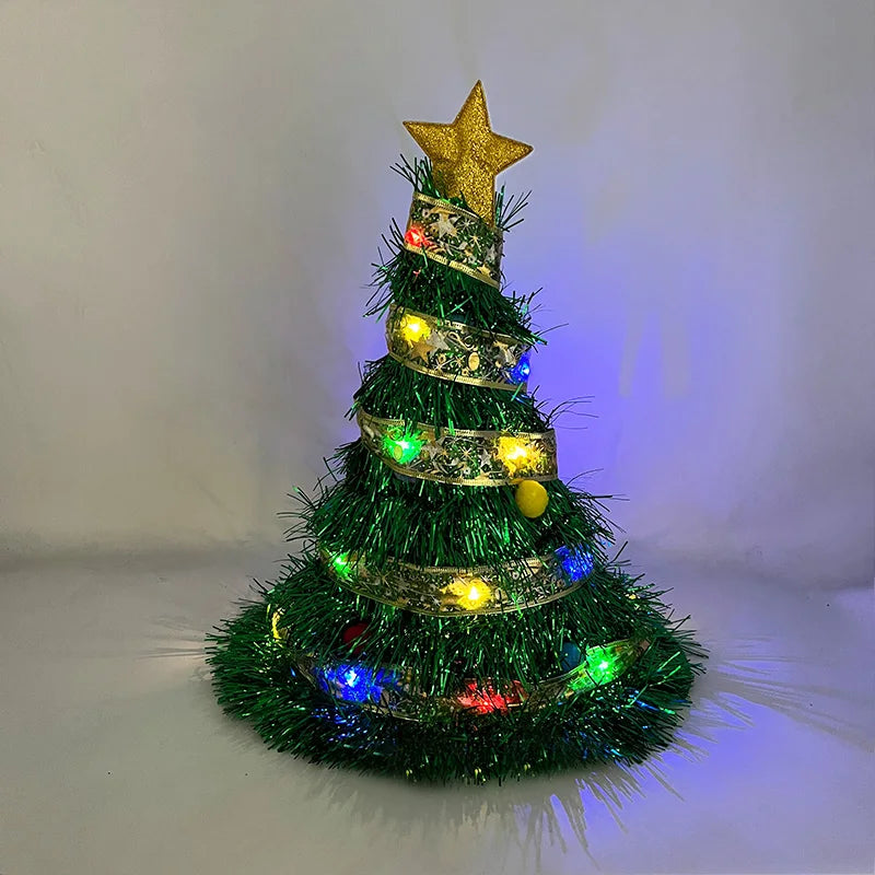 LED light up Christmas Tree ribbon Hats Cute Funny Santa Hat luminous Fancy Dress up cap for  Xmas party Gift Photo Props