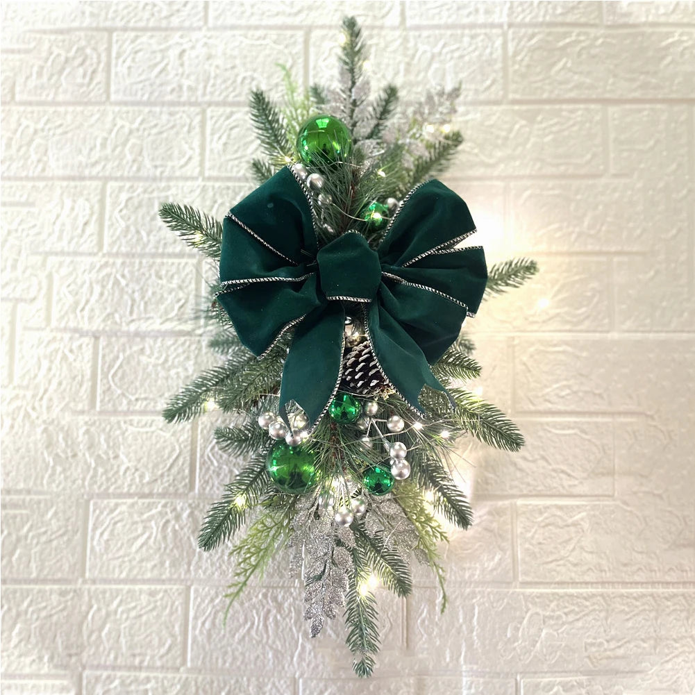 LED Artificial Garland Stair Wreath Prelit Christmas Wreath Garland Pine/Bow Light Up Cordless for Front Door Wall Window Stair