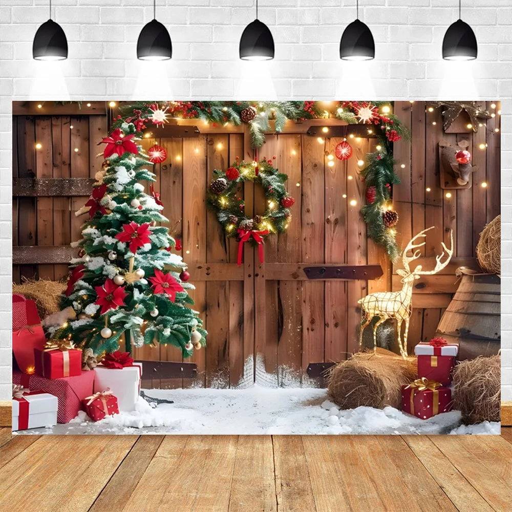 Christmas Photography Backdrop Xmas Tree Gift Toy Window Wood Door Kids Portrait Family Party Photo Background Decor Photostudio