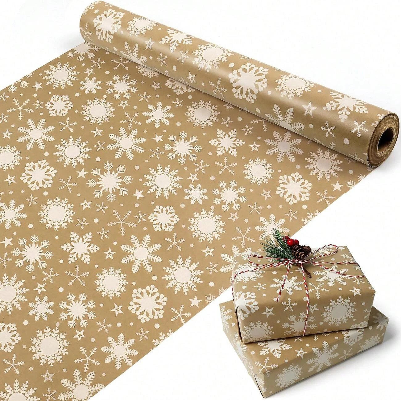 Christmas Wrapping Paper Gift Packing Xmas Tree Snowflake Pattern Retro Kraft Craft Paper for Wedding Birthday Home Party Decor
