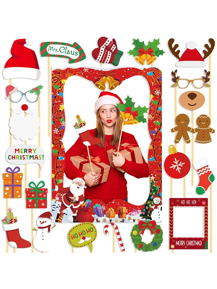 Christmas Photo Booth Props Kit Santa Claus Snowman Photo Props With Photo Booth Frame Selfie Props Christmas Party Decorations