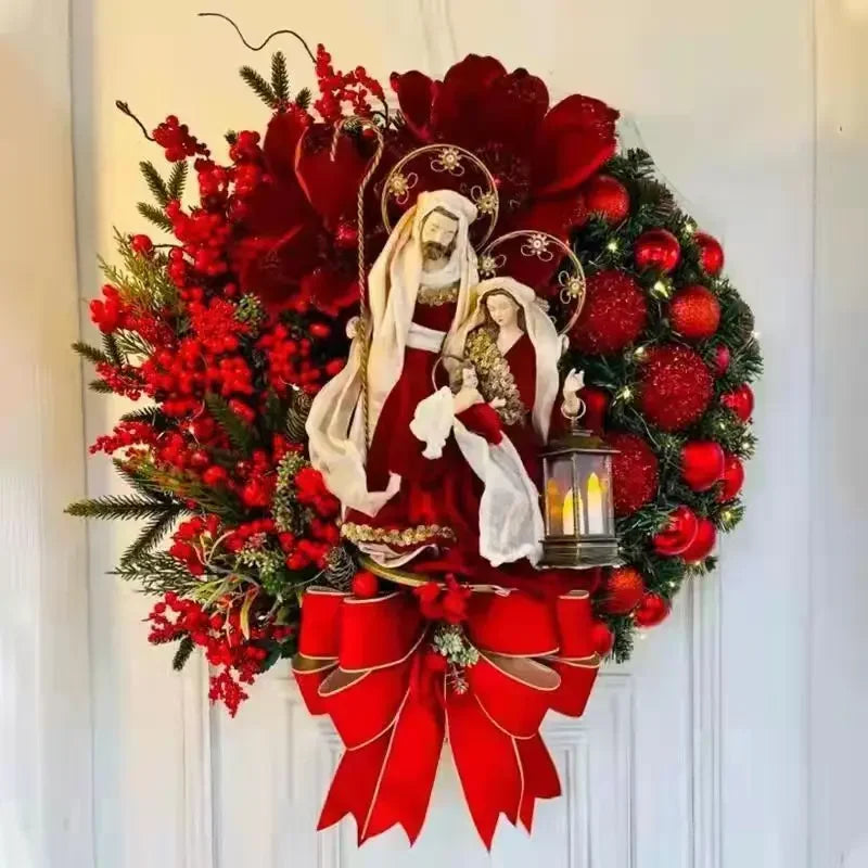 Christmas Decoration Golden Wreath With Lamp For Front Door Red Ball Flower Garland Xmas Ornament Window Wall Hanging Decor