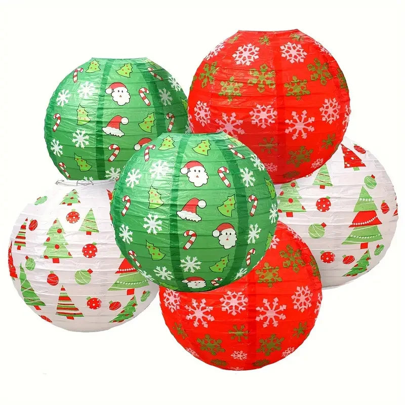 6 Christmas Hanging Paper Lanterns Decoration Colorful Round Santa Claus Snowflake Snowman Christmas Tree Hanging Paper Lanterns Christmas Party Decoration