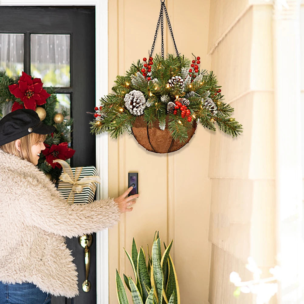 Christmas Pine Branches Berries Hanging Baskets Garlands Artificial Hanging Baskets Christmas Decorations