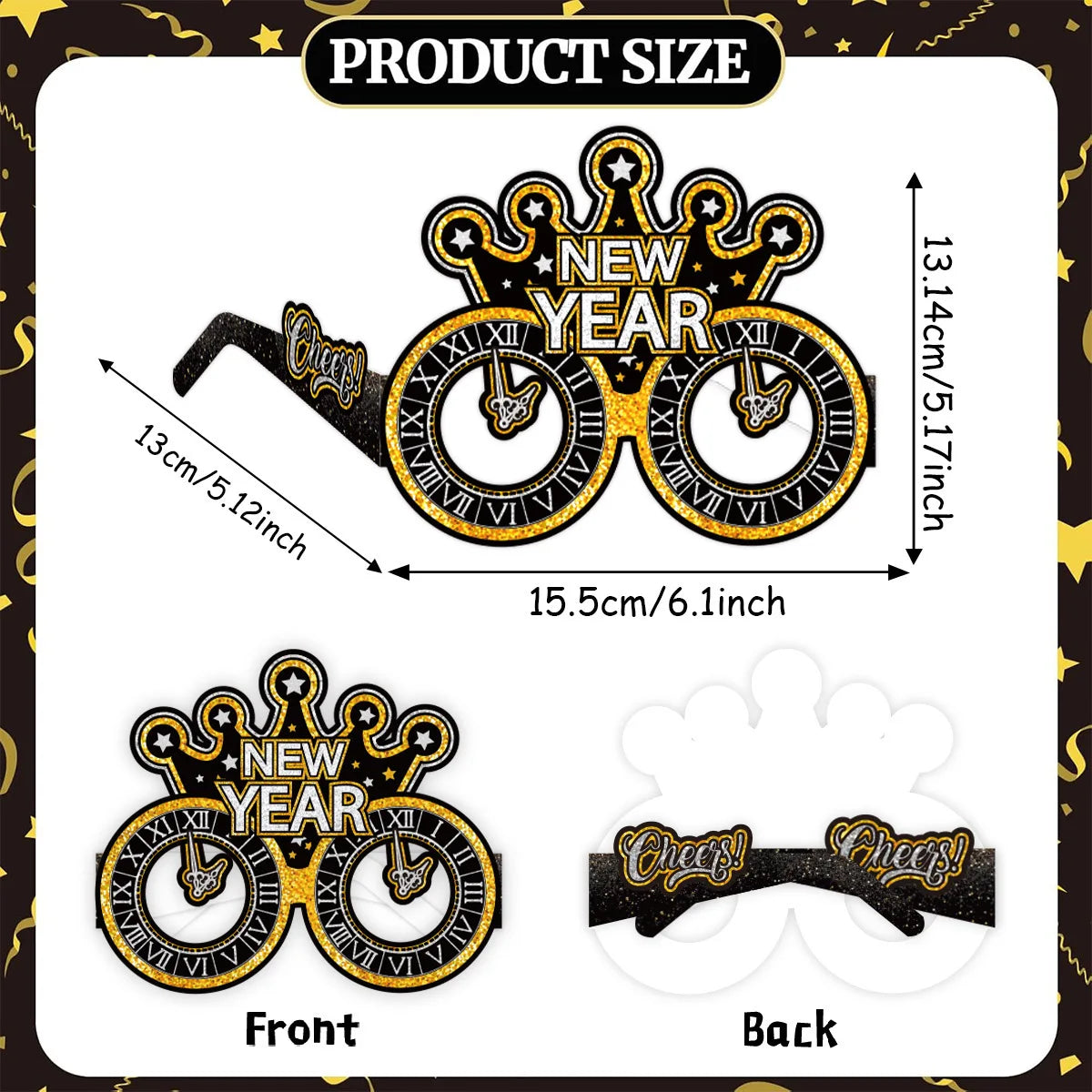 6 pieces, 2026 Happy New Year Black Gold New Year paper glasses, New Year's Eve decoration photo props - New Year's party