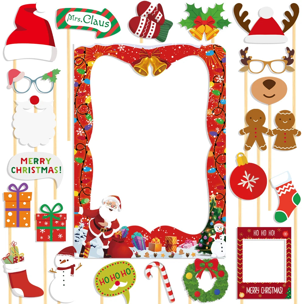 Christmas Photo Booth Props Kit Santa Claus Snowman Photo Props With Photo Booth Frame Selfie Props Christmas Party Decorations