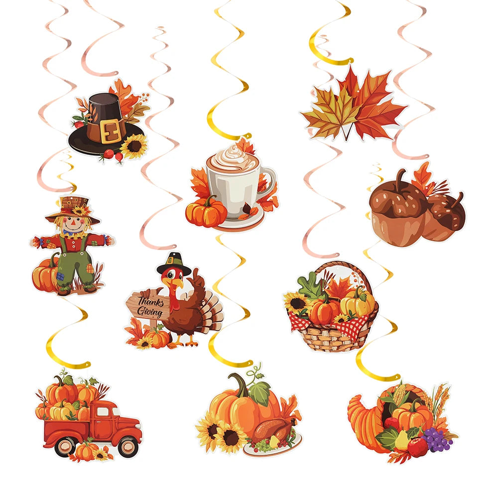 Happy Fall Banner Thanksgiving Party Decor Pumpkin Flag Maple Leaf Farm Spiral Hanging Ornaments Autumn Harvest Party Supplies