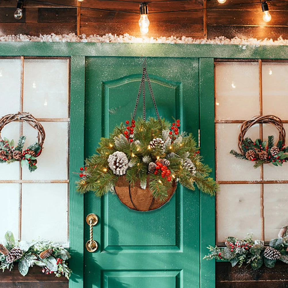 Christmas Pine Branches Berries Hanging Baskets Garlands Artificial Hanging Baskets Christmas Decorations