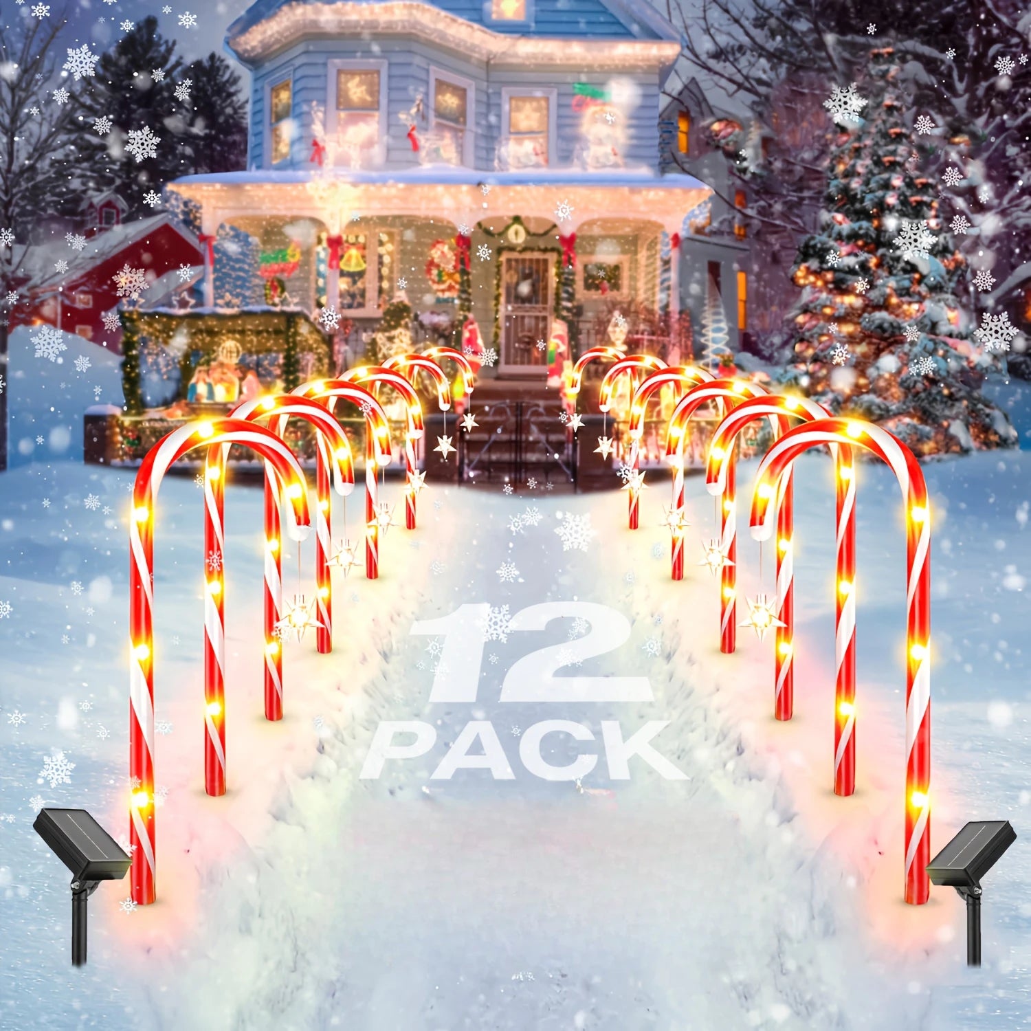 12/24 PACK Christmas Decorations Outside, 19" 144 LED Bright Solar Christmas Candy Cane Pathway Lights with Star and 8 Modes