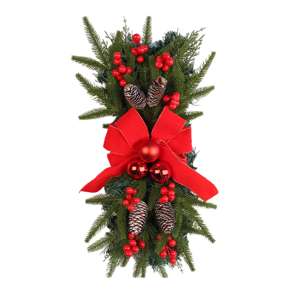 Christmas Stair Decoration Wreath with Pinecones&Bowknot Bell Xmas Tree Pendant Hanging Stairs Garland for Front Door Decoration