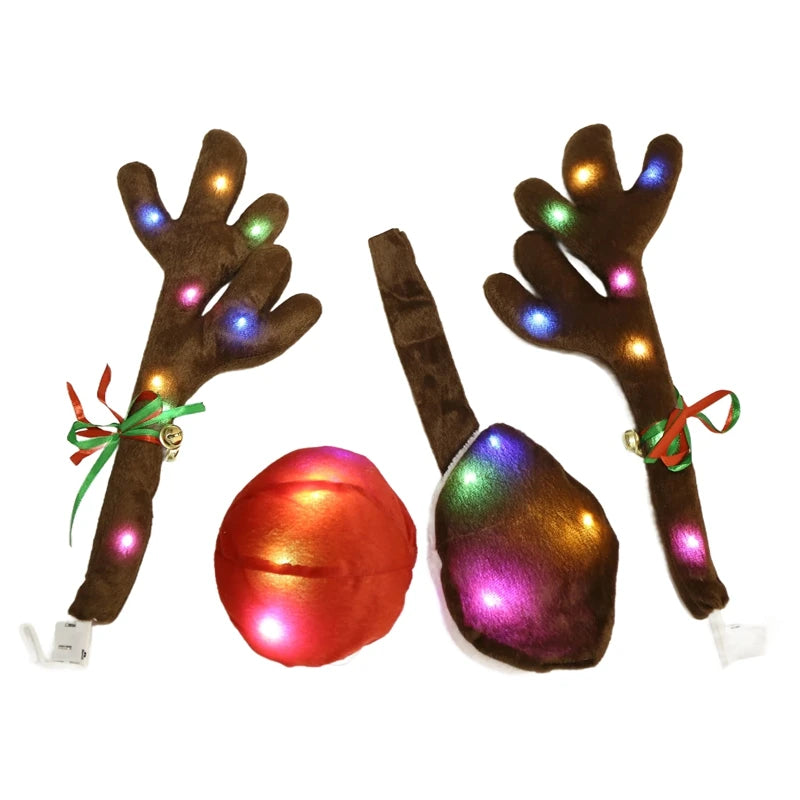 Car Reindeer Antlers,Antlers Car Kit With LED Lights,Reindeer Car Kit Antlers,Nose,Tail,Christmas Decorations For Car