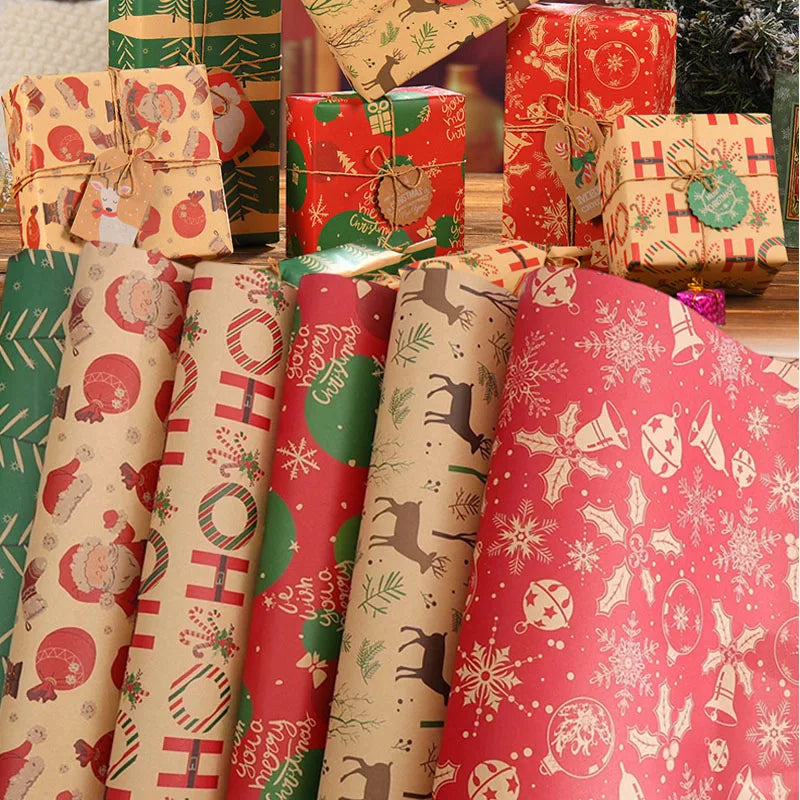 Christmas Kraft Wrapping Paper Cartoon Xmas Tree Santa Claus Gifts Packaging Paper DIY Craft Home Party Decoration Background