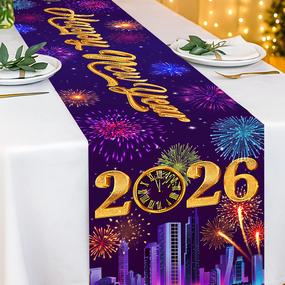 New Year Table Runner Black Gold Glitter New Years Eve Table Cover 2026 Happy New Year Party Table Decorations for Home Party